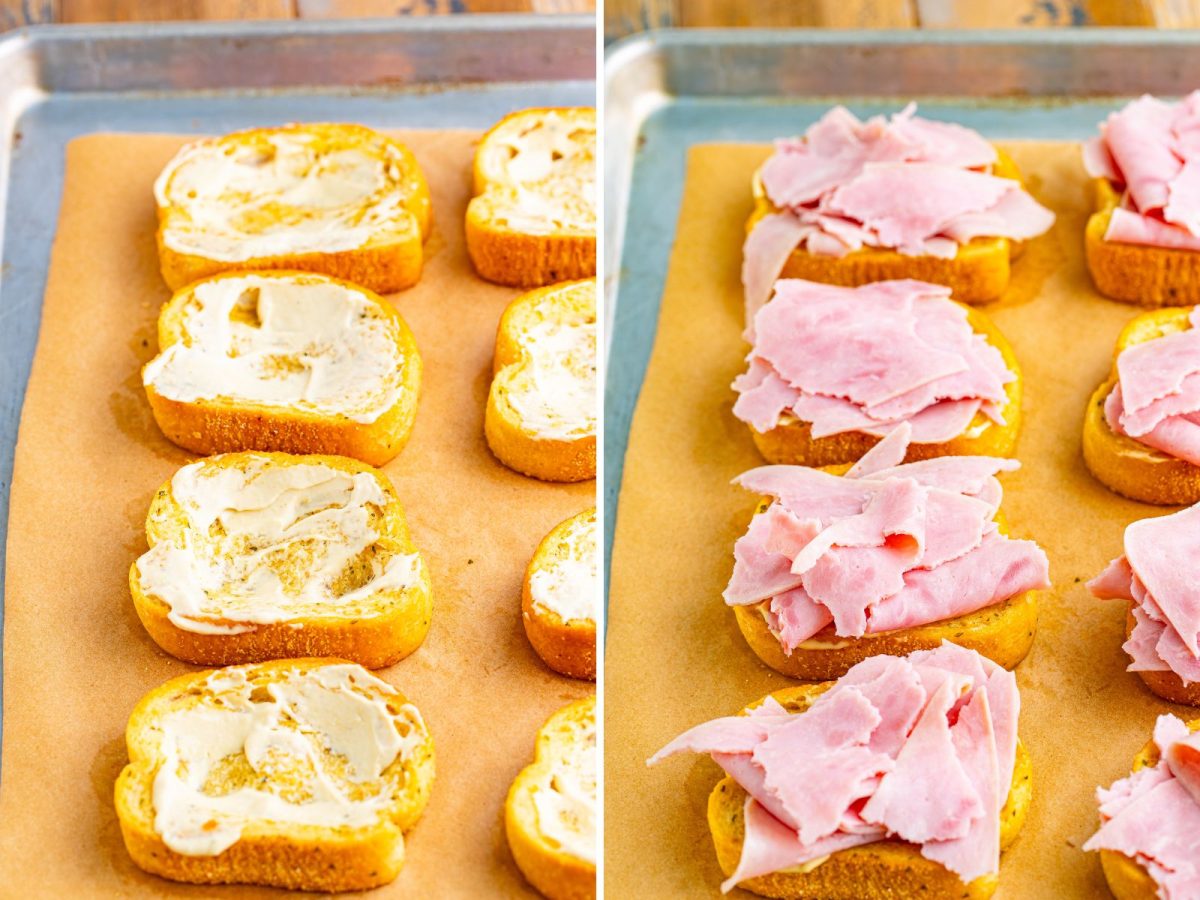 Texas Toast with sauce and ripped ham.