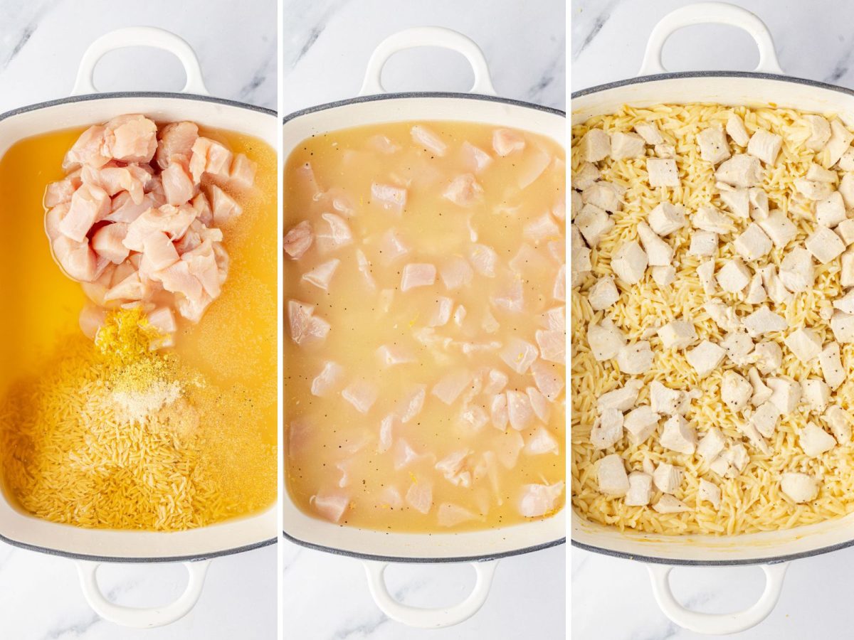 A baking dish with the ingredients needed for Lemon Chicken and Orzo except parmesan and spinach.