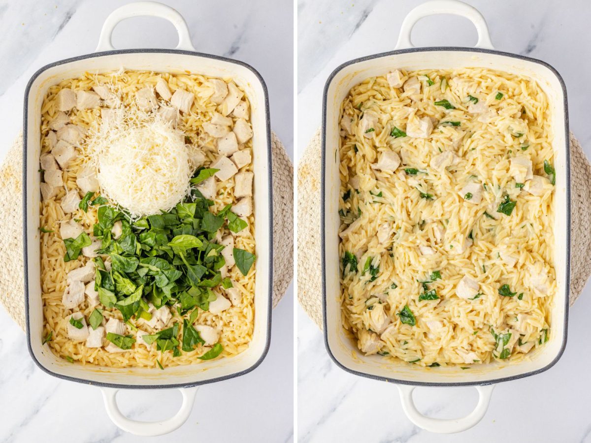Spinach and parmesan being added to a Lemon Chicken and Orzo dish.