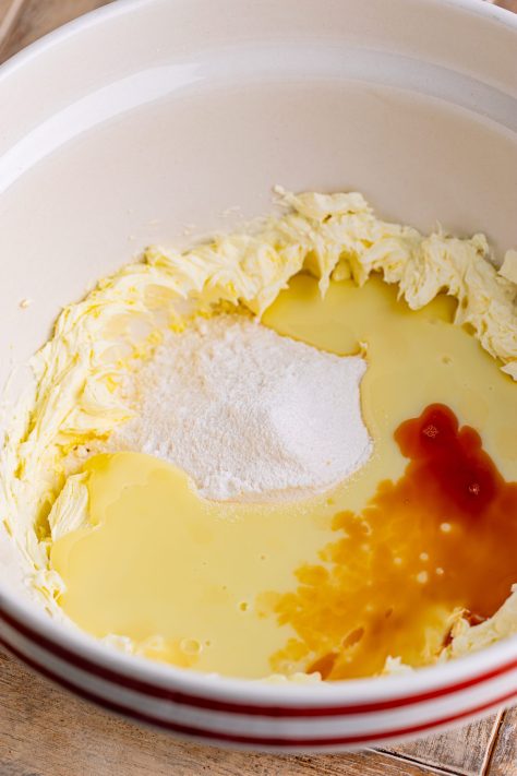 Dry and wet ingredients being mixed together.