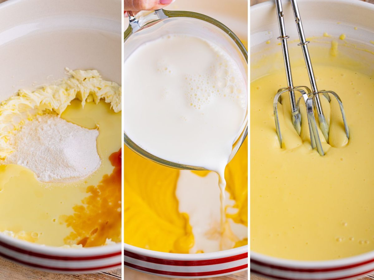 A creamy pudding mixture being mixed in a bowl.