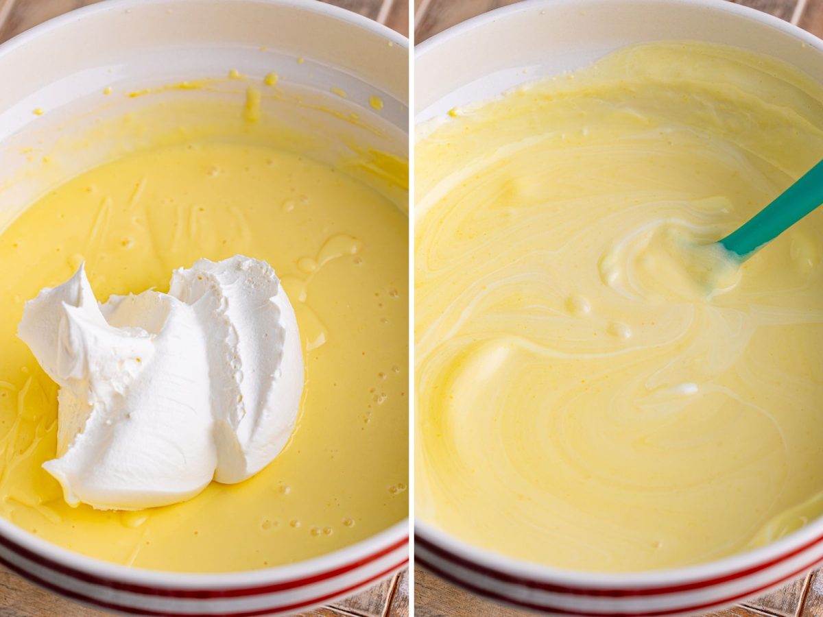 Whipped topping being added to a pudding mixture.