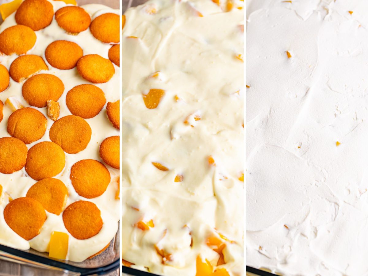 A layered dessert being made in a baking dish.