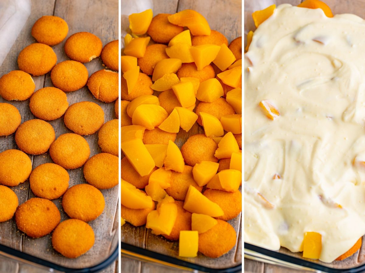 A baking dish with Nilla wafers, chopped peaches, and a creamy pudding mixture.