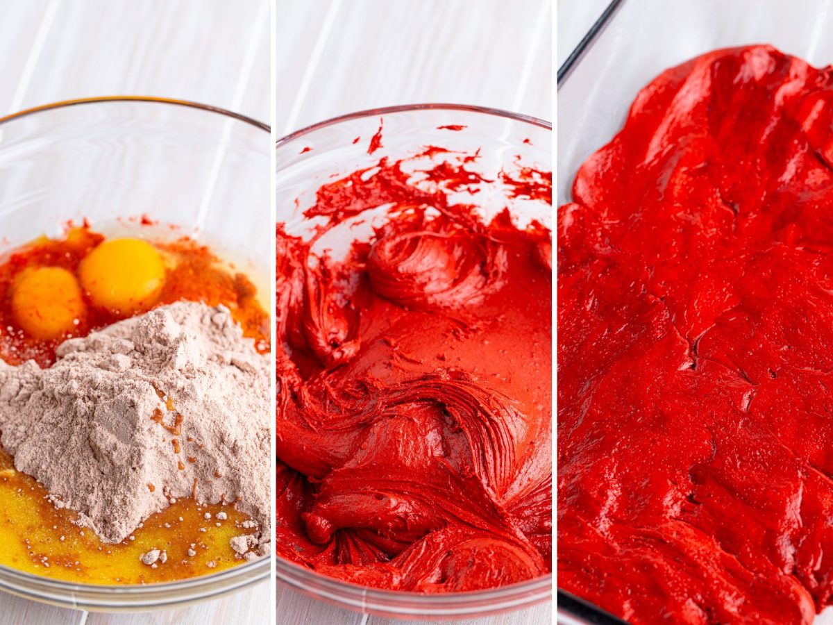 Red velvet cake batter being mixed in a bowl and then pressed in a baking dish.