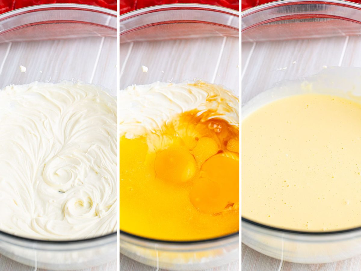 Cream cheese mixture being mixed in a bowl.