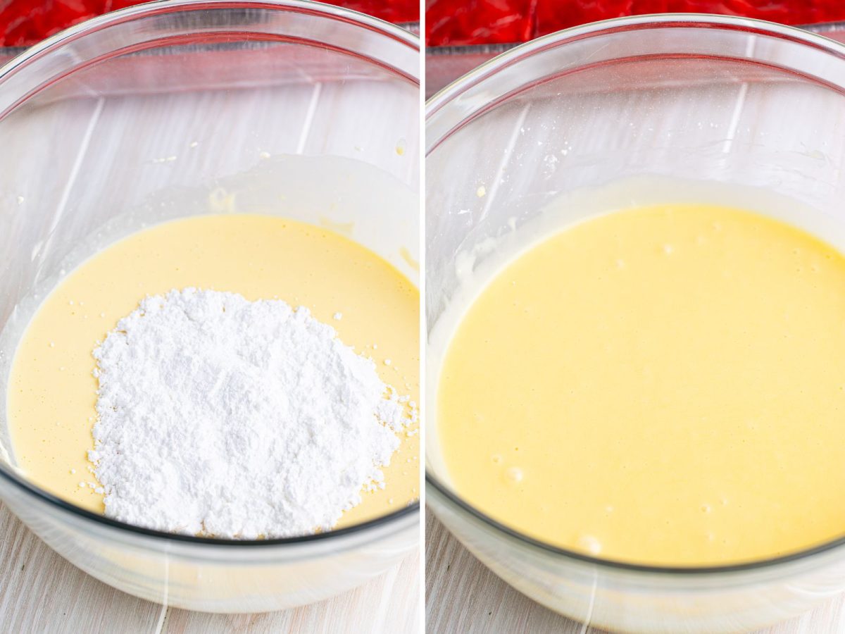 Powdered sugar being added to a filling in a bowl.