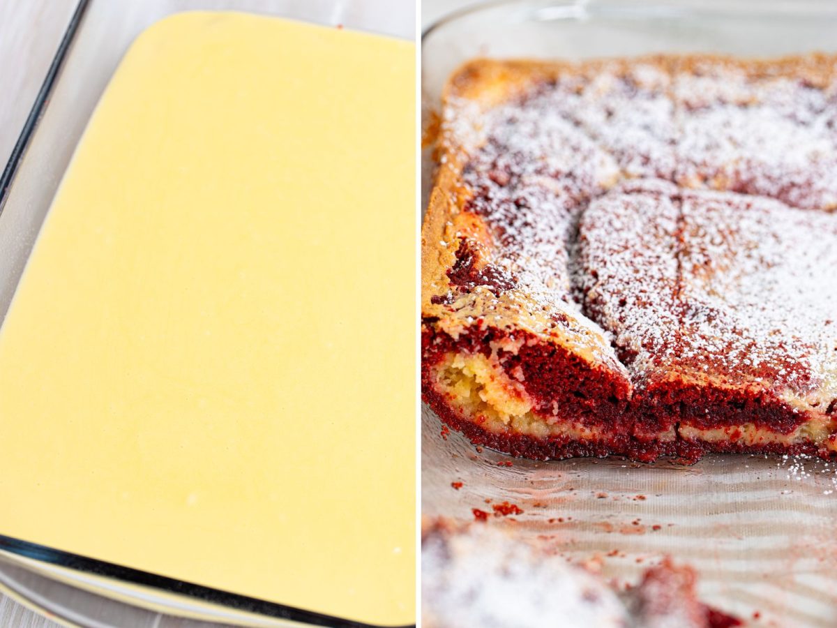 Red Velvet Gooey Butter Cake before it's baked and a baked Red Velvet Gooey Butter Cake with powdered sugar on top.