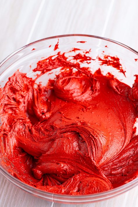 Red Velvet Gooey cake batter in a bowl.