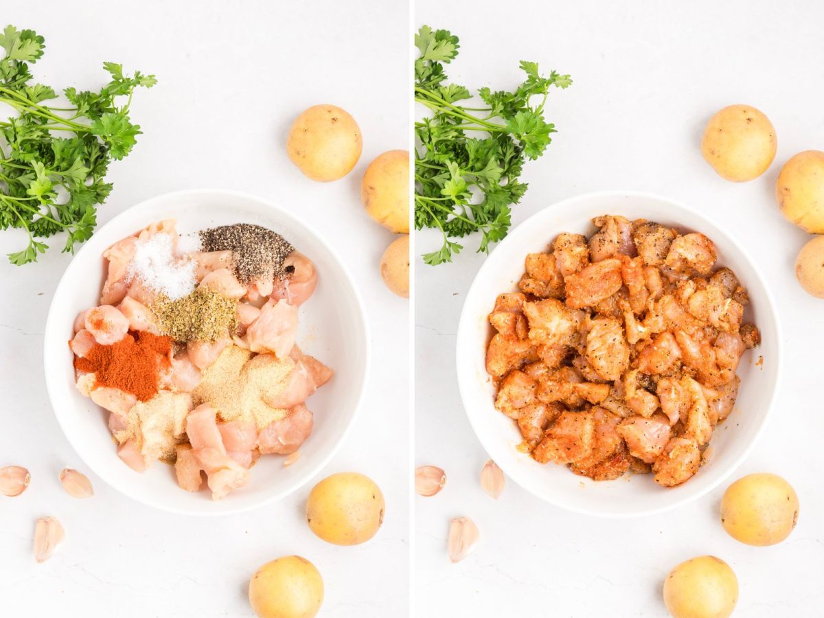 Chicken and seasonings being mixed in a bowl.