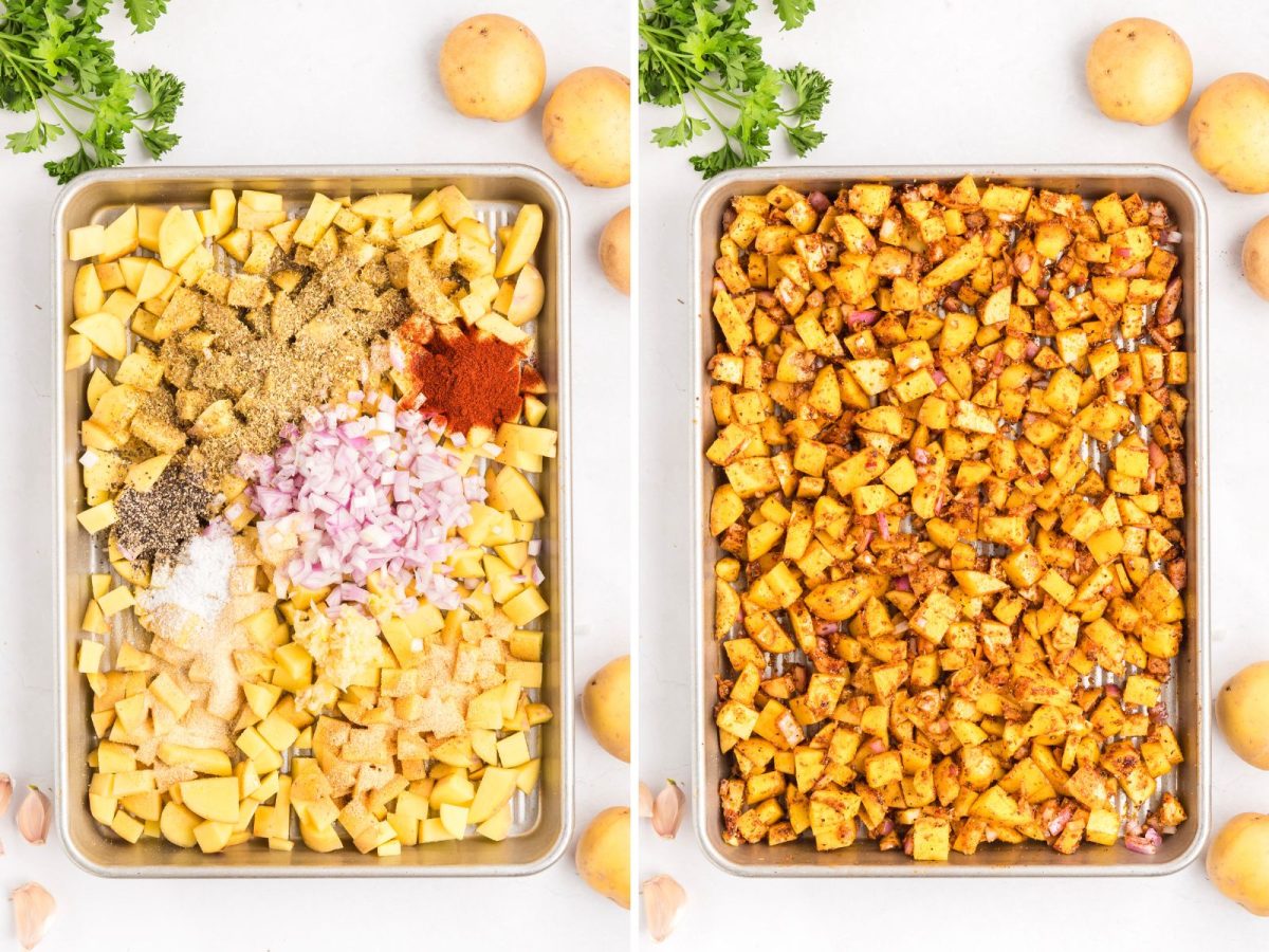 Potatoes, onions, and seasonings on a sheet pan being mixed together.
