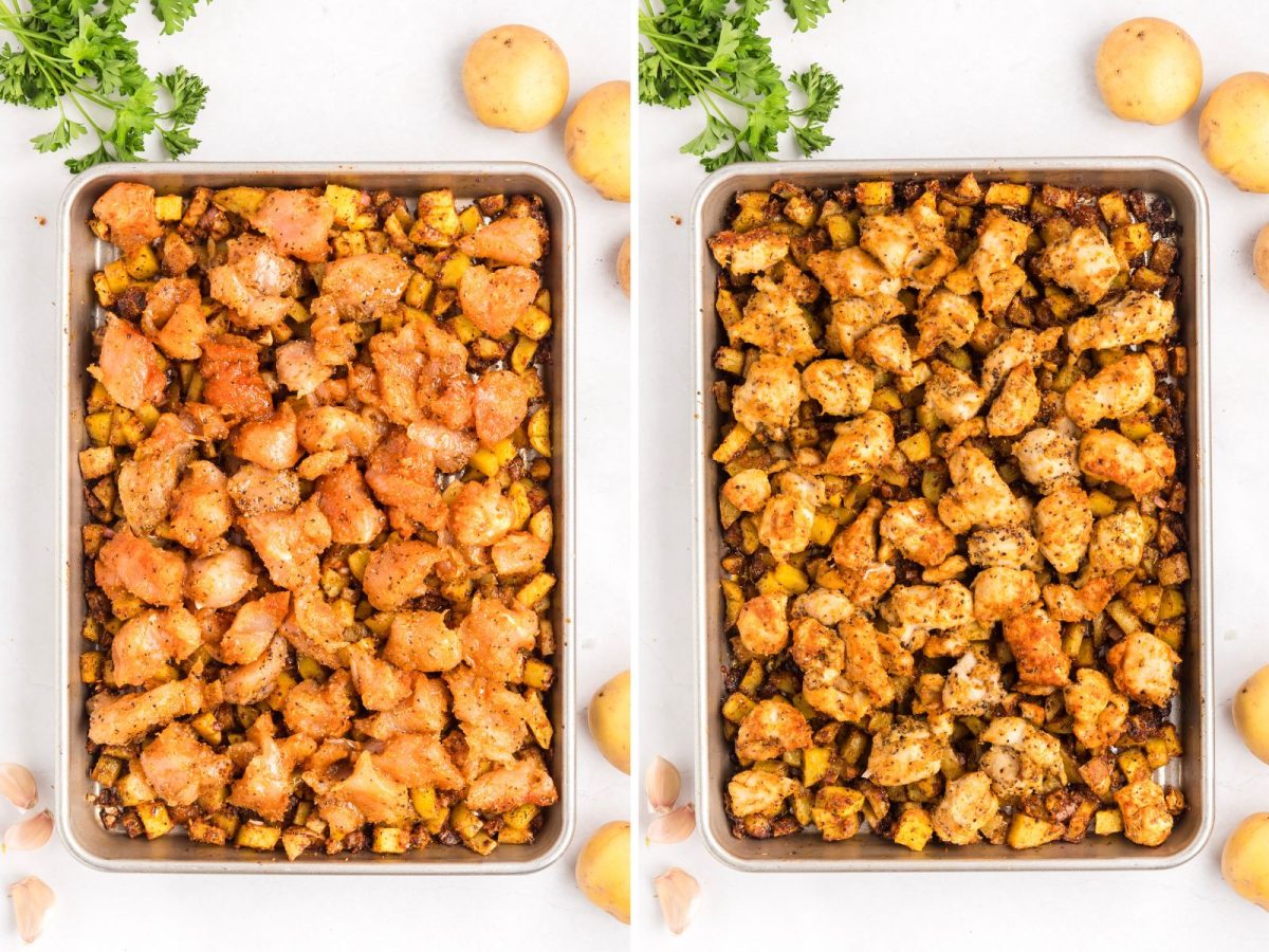 Potatoes and chicken on a cooking sheet pan.