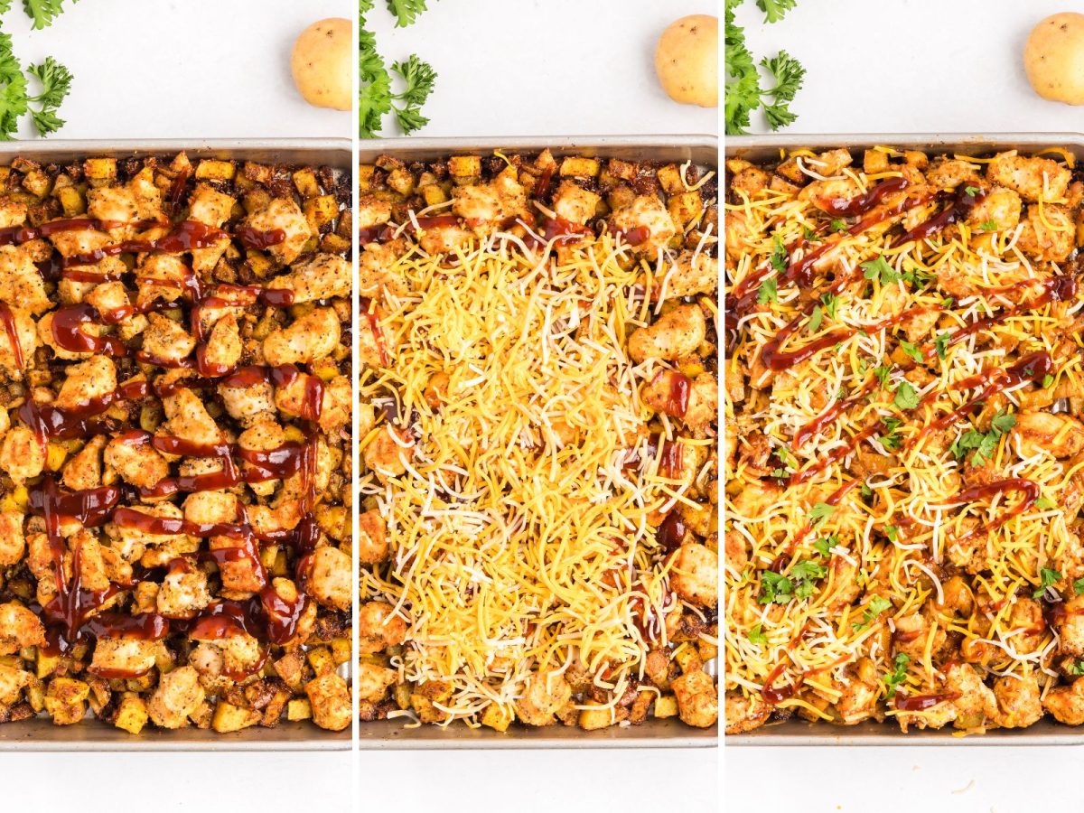 A sheet pan with cooked potatoes, chicken, and onions with seasonings, cheese, and bbq sauce.