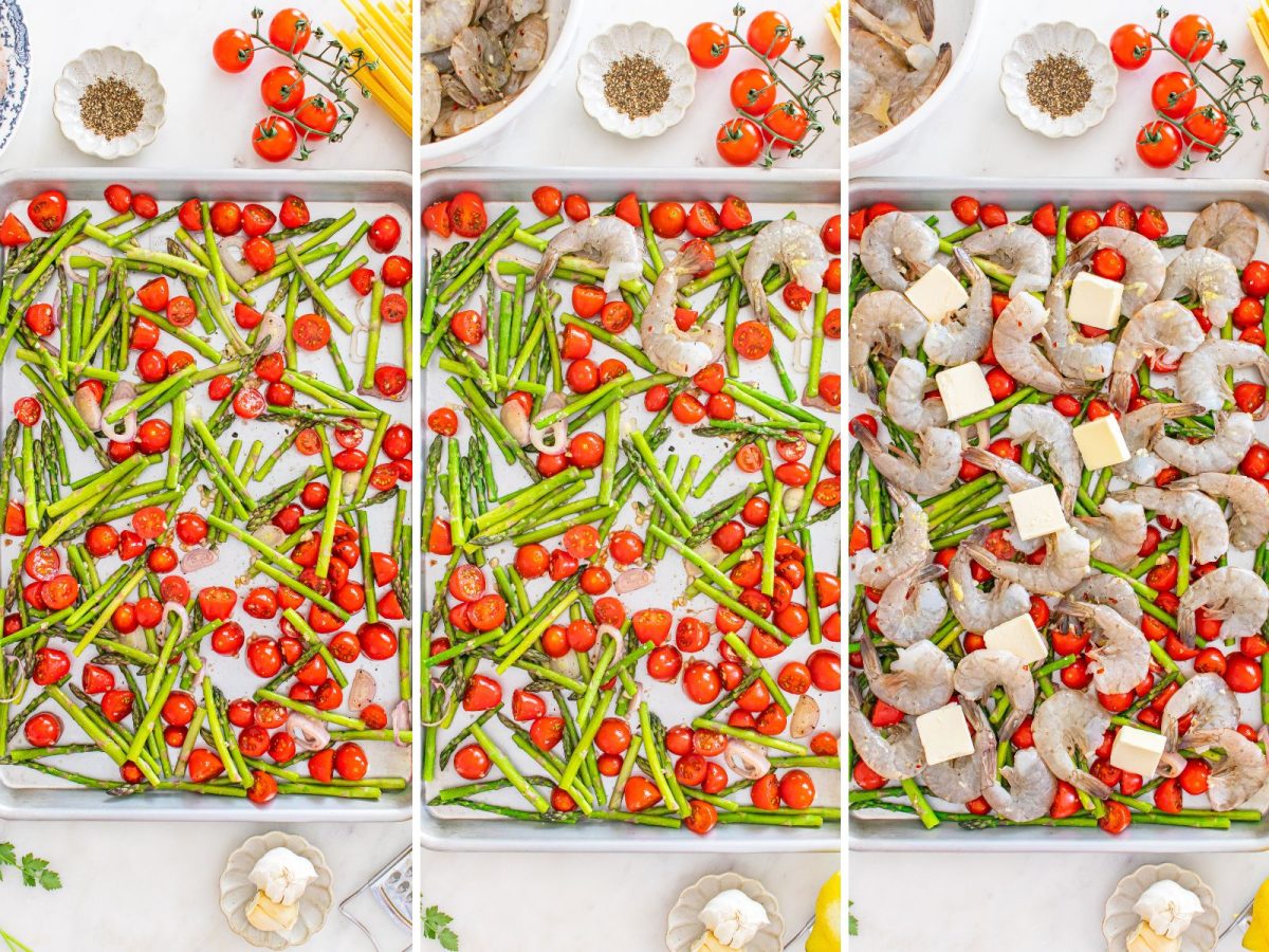 A sheet pan with veggies and shrimp with butter to be cooked.