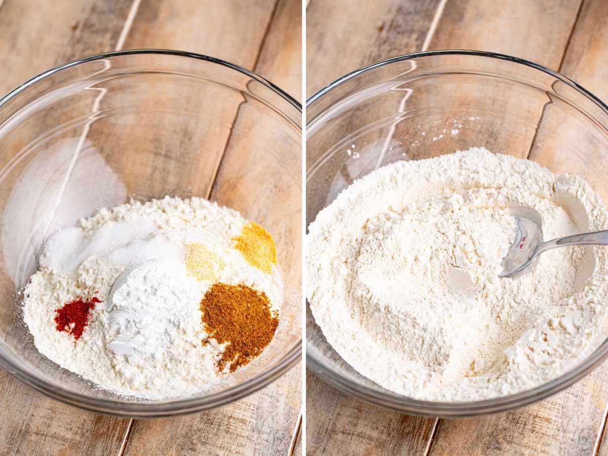 A bowl with  flour, baking powder, old bay, garlic powder, onion powder, and cayenne.