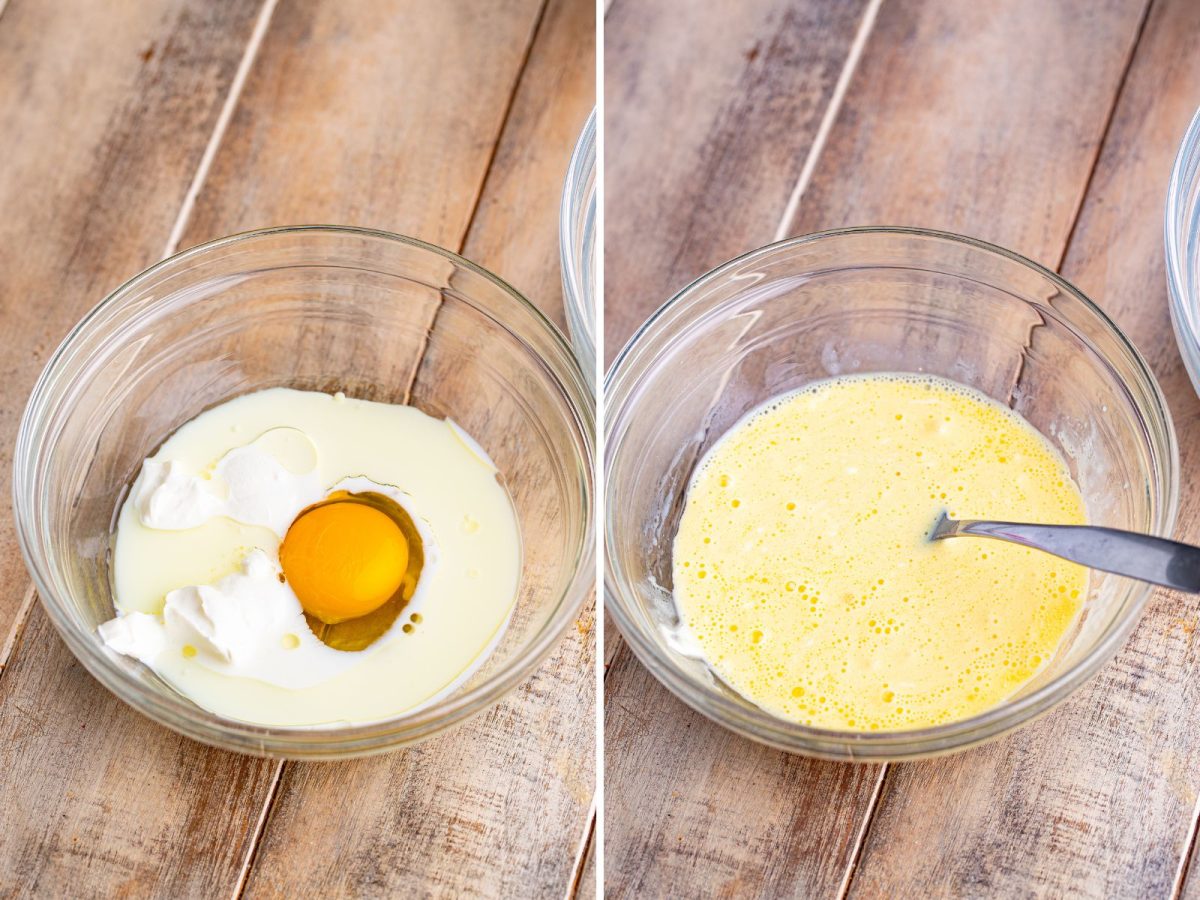 A bowl with milk, sour cream, oil, and egg.