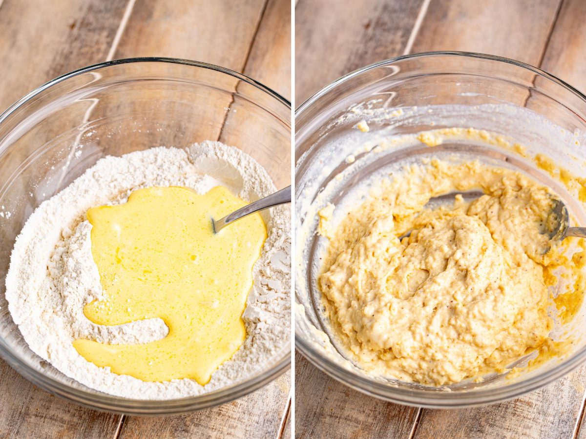 Wet mixture and dry ingredients being mixed together. 