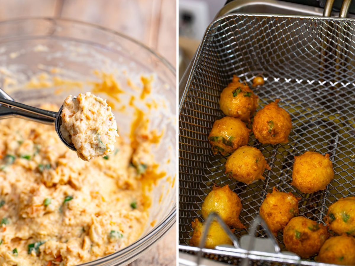 A cookie scoop getting a scoop of Shrimp Fritters to fry and a deep fryer basket with fried Shrimp Fritters.