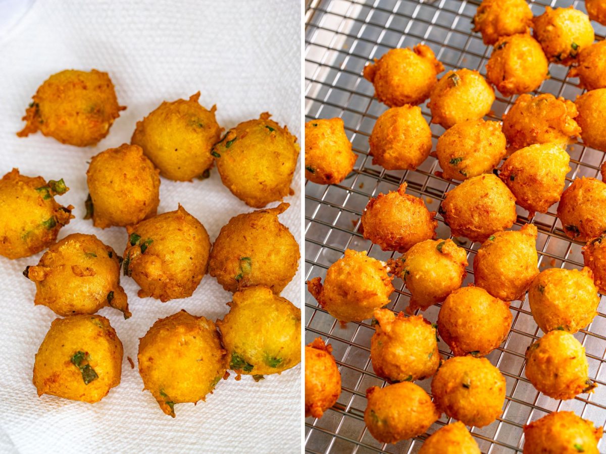 Shrimp Fritters draining on paper towels and cooling on a wire rack.