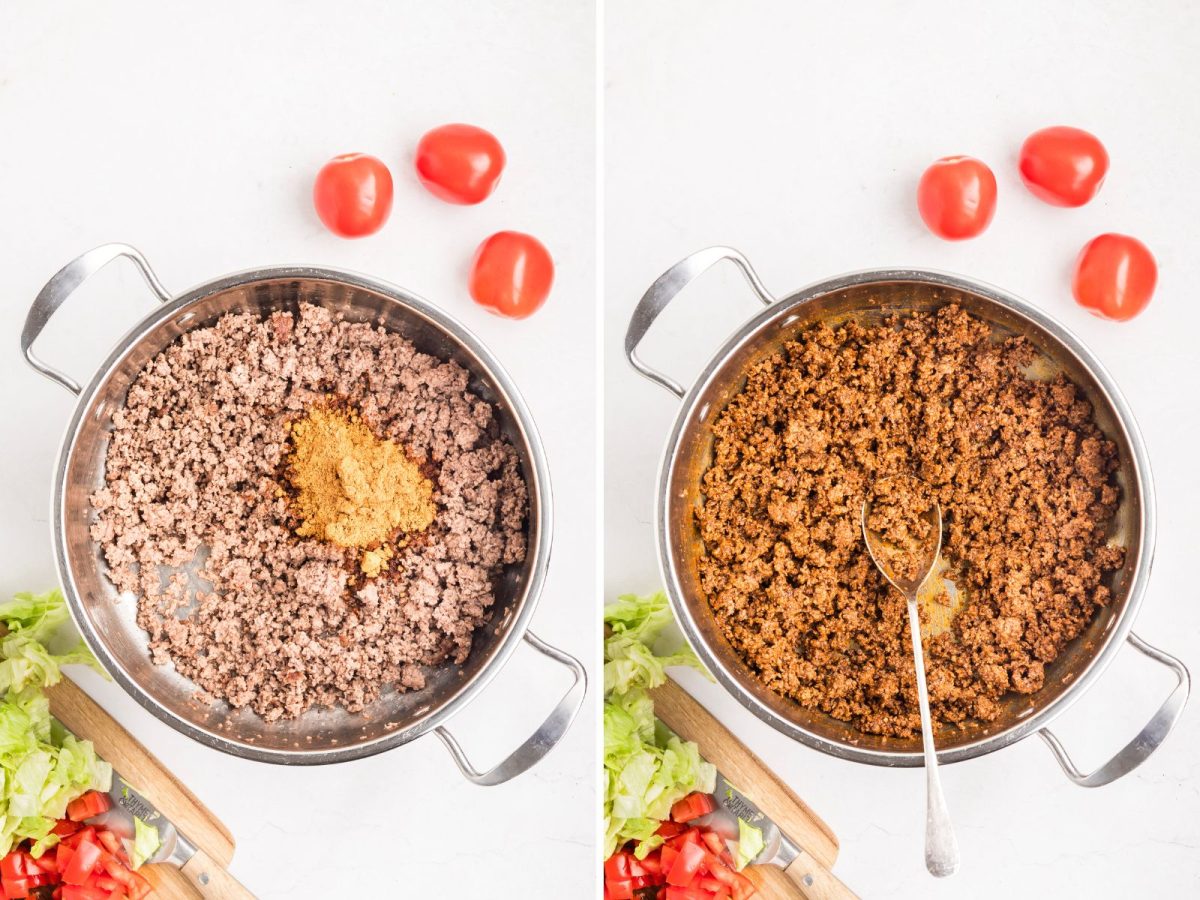 A skillet with ground beef and seasonings.