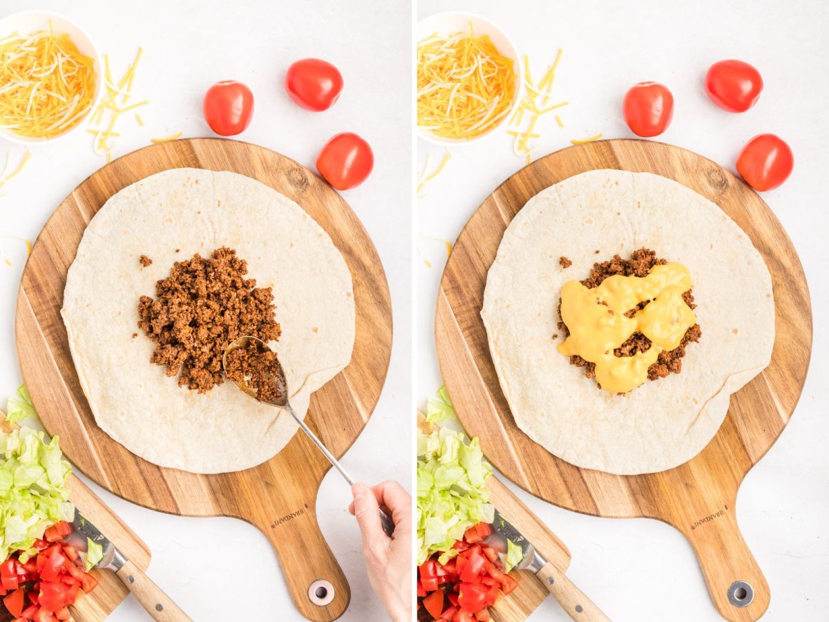 Tortilla with beef and cheese sauce.