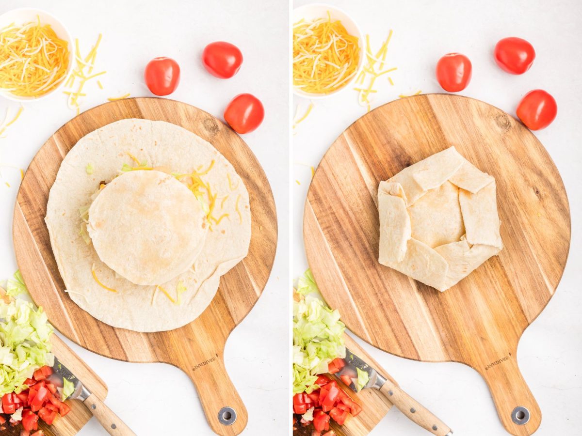 Small tortilla being placed over a crunchwrap being assembled and wrapped up.