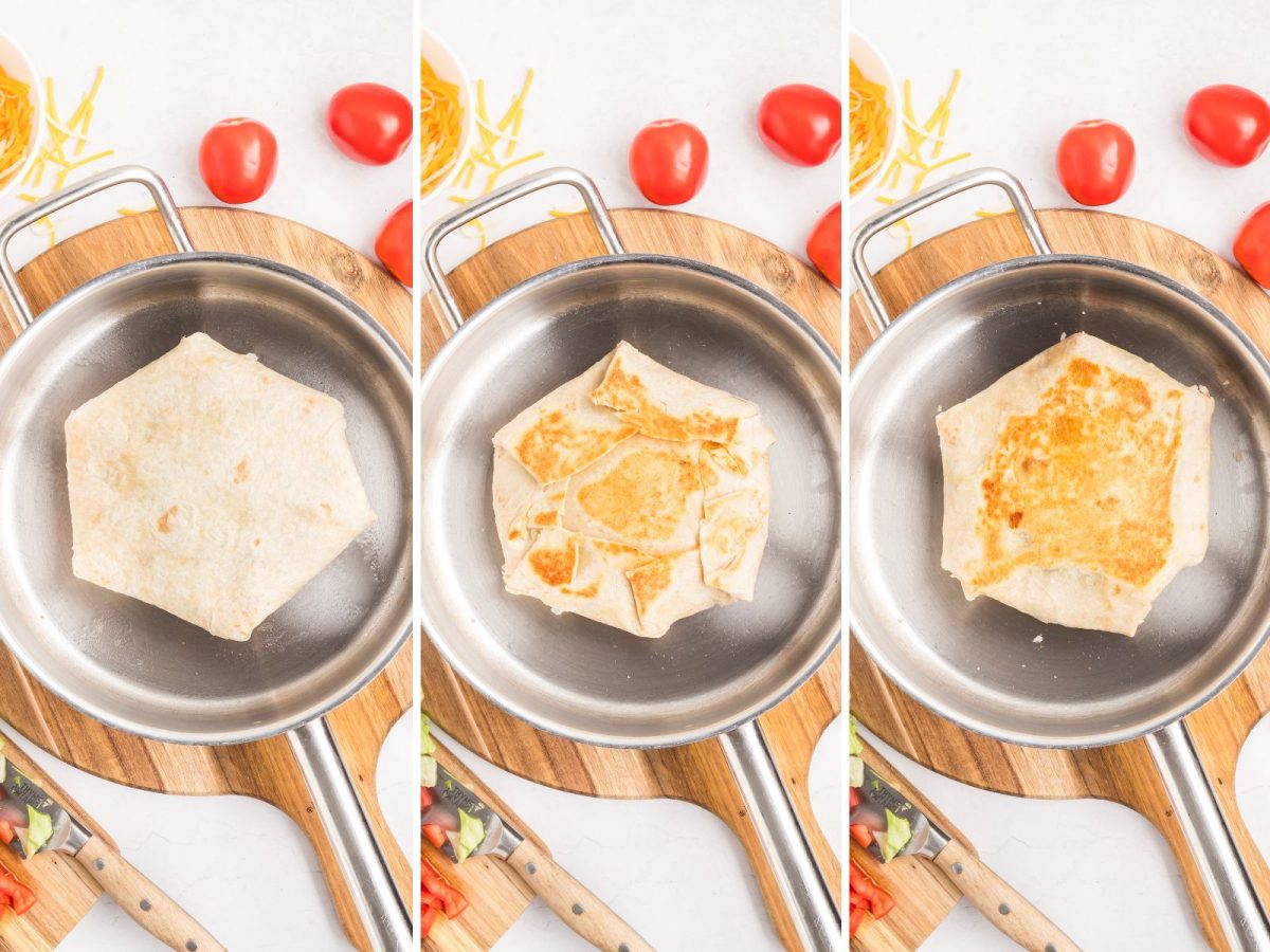 A Crunchwrap Supreme being cooked in a skillet.