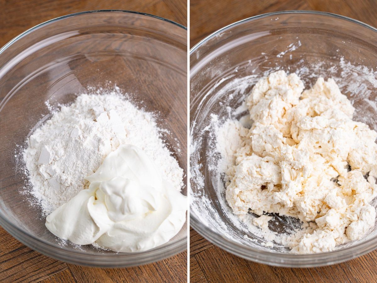 Sour cream and flour being mixed together into a dough in a bowl.