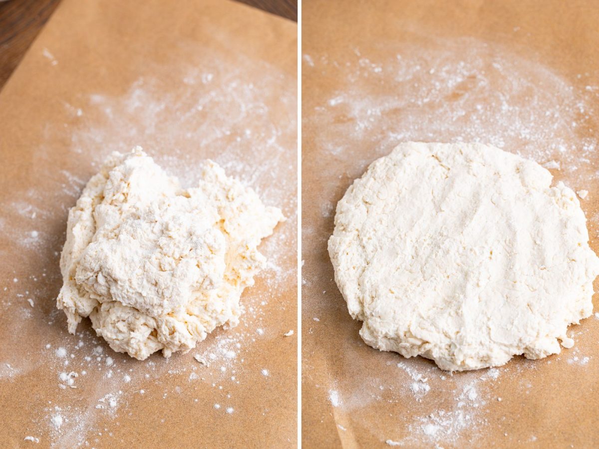 Dough being rolled out on a piece of parchment paper.