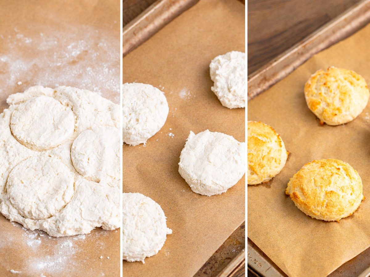 Dough being rolled out, cut with a biscuit cutter, dough placed on a lined baking sheet and baked biscuits on a sheet.
