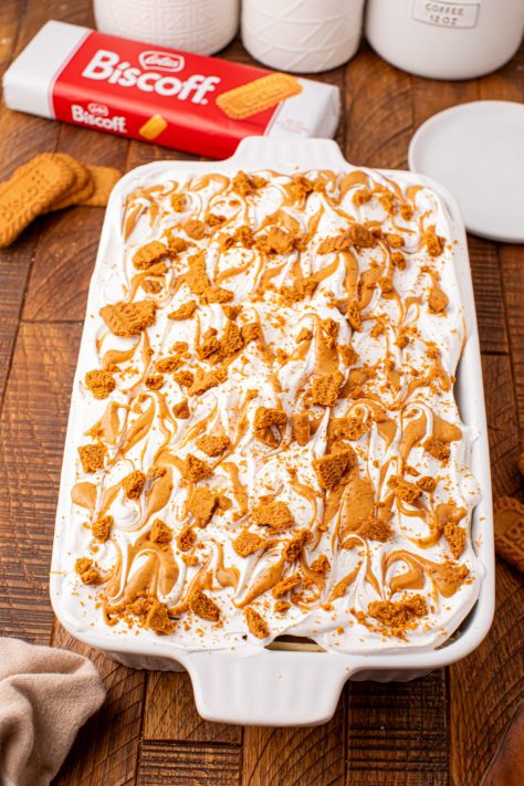 A layered and garnished Biscoff Ice Cream Sandwich Cake in a baking dish.