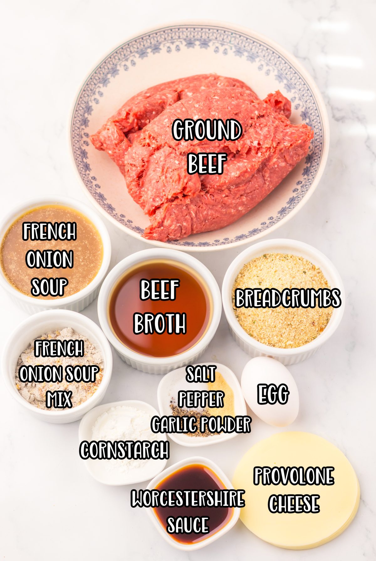 Ground beef, salt, black pepper, garlic powder, breadcrumbs, egg, Worcestershire sauce, canned French onion soup, French onion soup mix, beef broth, cornstarch, water, and provolone cheese.