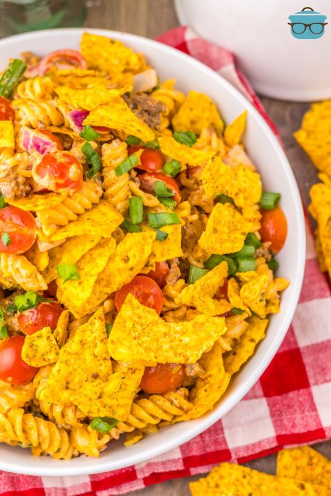 A serving bowl of Cool Ranch Taco Pasta Salad.