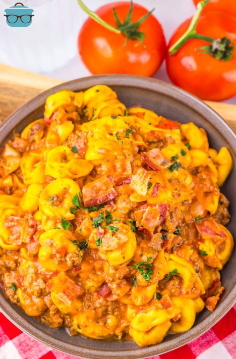 A full Cheeseburger Tortellini in a bowl.
