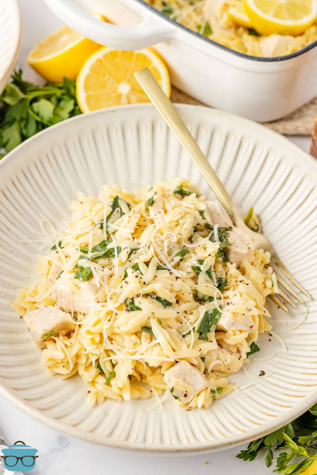 A plate of Lemon Chicken and Orzo.