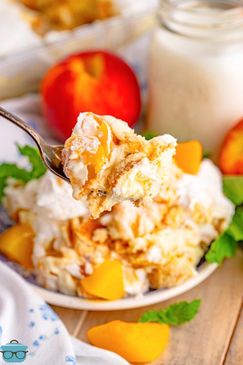A spoon getting a bite of Peach Pudding from the dessert plate.