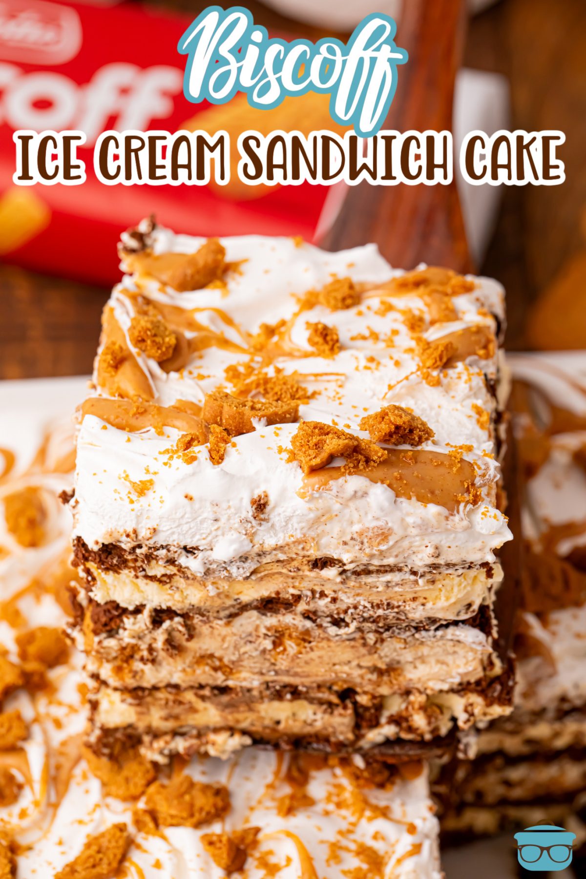A few pieces of layered Biscoff Ice Cream Sandwich Cake.