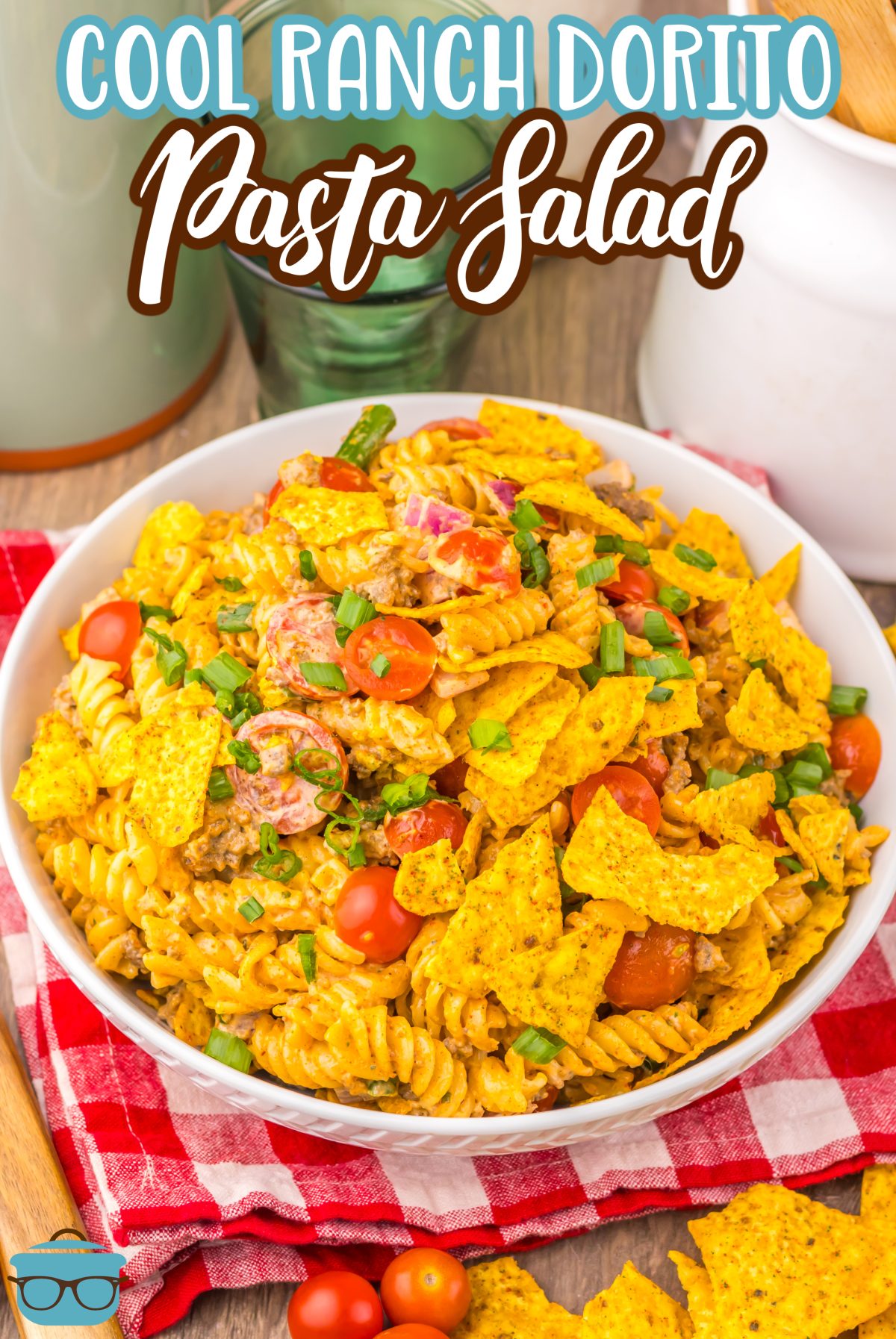 A large white serving bowl of Cool Ranch Taco Pasta Salad.