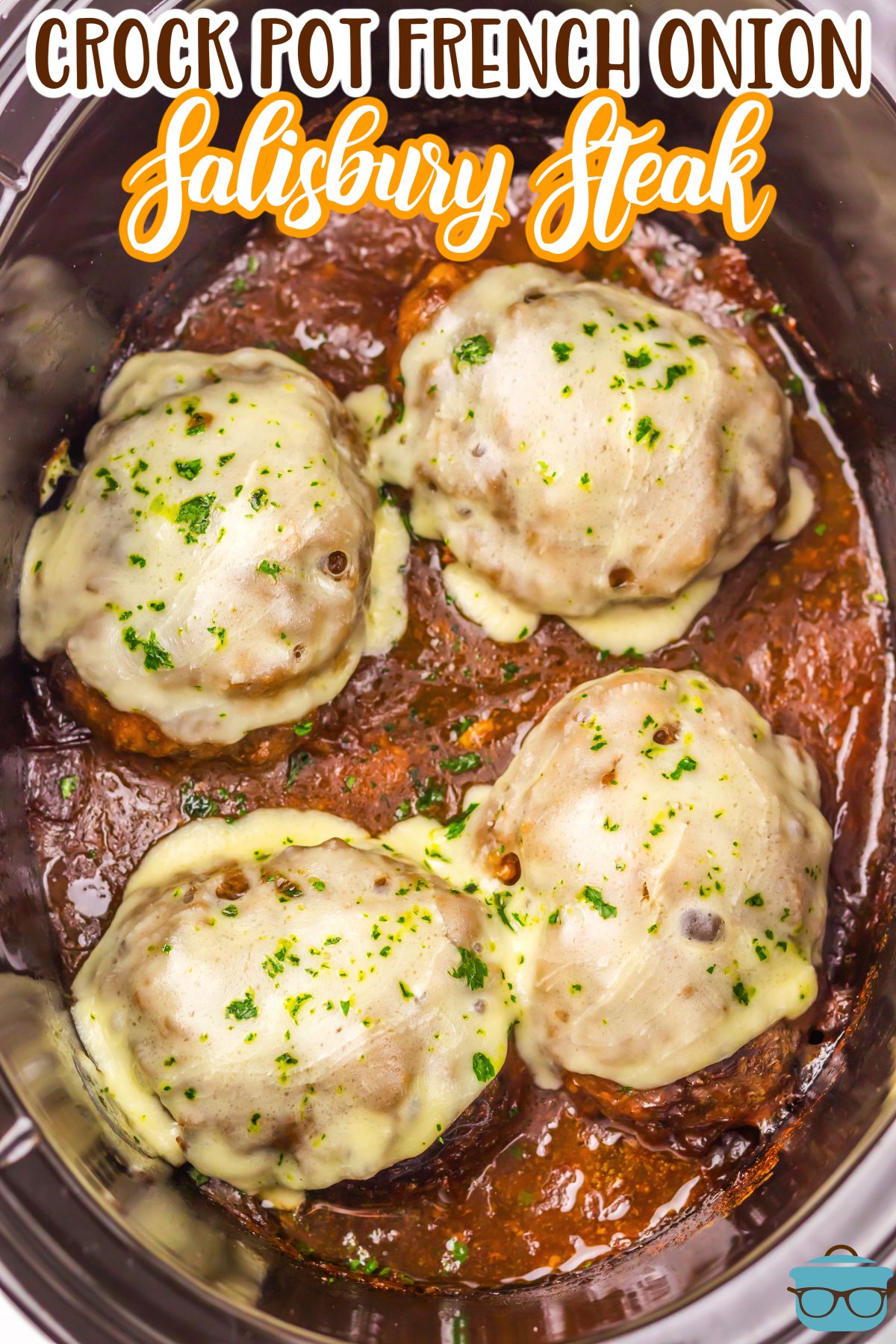 A Slow Cooker with French Onion Salisbury Steak.
