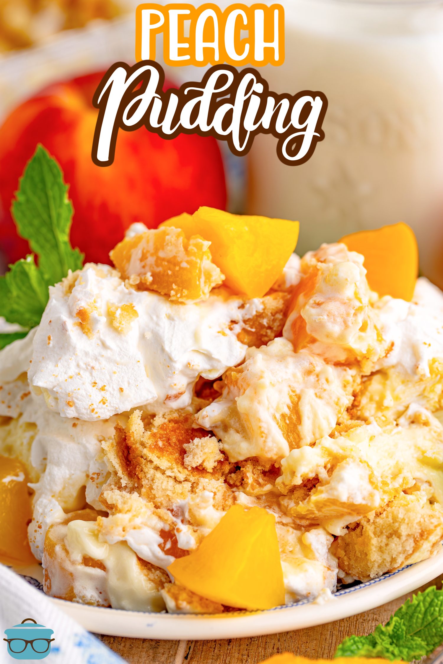 A large few servings of Peach Pudding on a dessert plate.