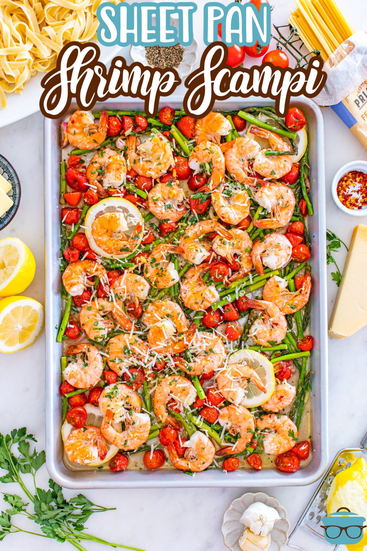 A large sheet pan with Shrimp Scampi and veggies.
