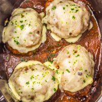 Looking down directly over the Crock Pot French Onion Salisbury Steak.