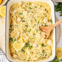 Looking down directly over a dish of Lemon Chicken and Orzo.