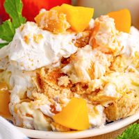A large helping of Peach Pudding on a dessert plate.