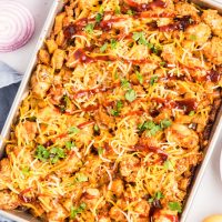 Looking down on a full Sheet Pan BBQ Chicken and Potatoes meal.