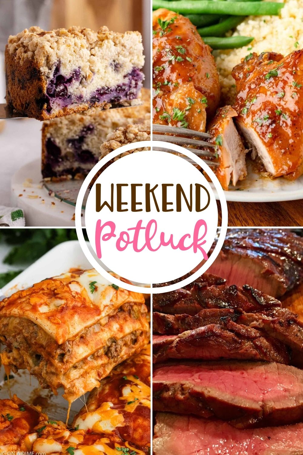 Weekend Potluck featured recipes include: Blueberry Coffee Cake, Old-Fashioned Apricot Chicken, Cheesy Burrito Casserole and London Broil Marinade!