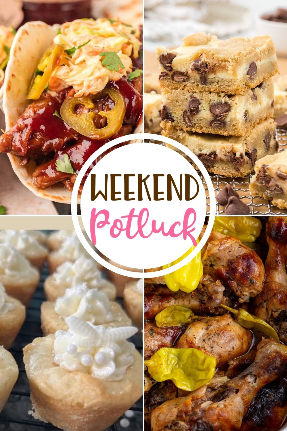 Weekend Potluck featured recipes include: Slow Cooker BBQ Beef Tacos, Cheesecake Chocolate Chip Cookie Bars, Wedding Cake Bites and Crock Pot Mississippi Chicken Legs!