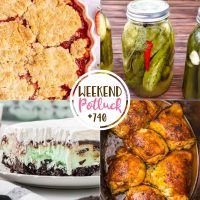 Strawberry Cobbler - Weekend Potluck #740 Weekend Potluck featured recipes include: Gluten Free Strawberry Cobbler, Sun Pickles, Grasshopper Ice Cream Pie and Crock Pot Dr Pepper Chicken Thighs.