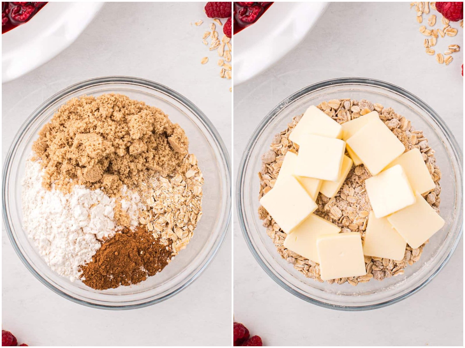 collage of two photos: a glass mixing bowl with oats, flour, brown sugar, and pumpkin pie spice; 