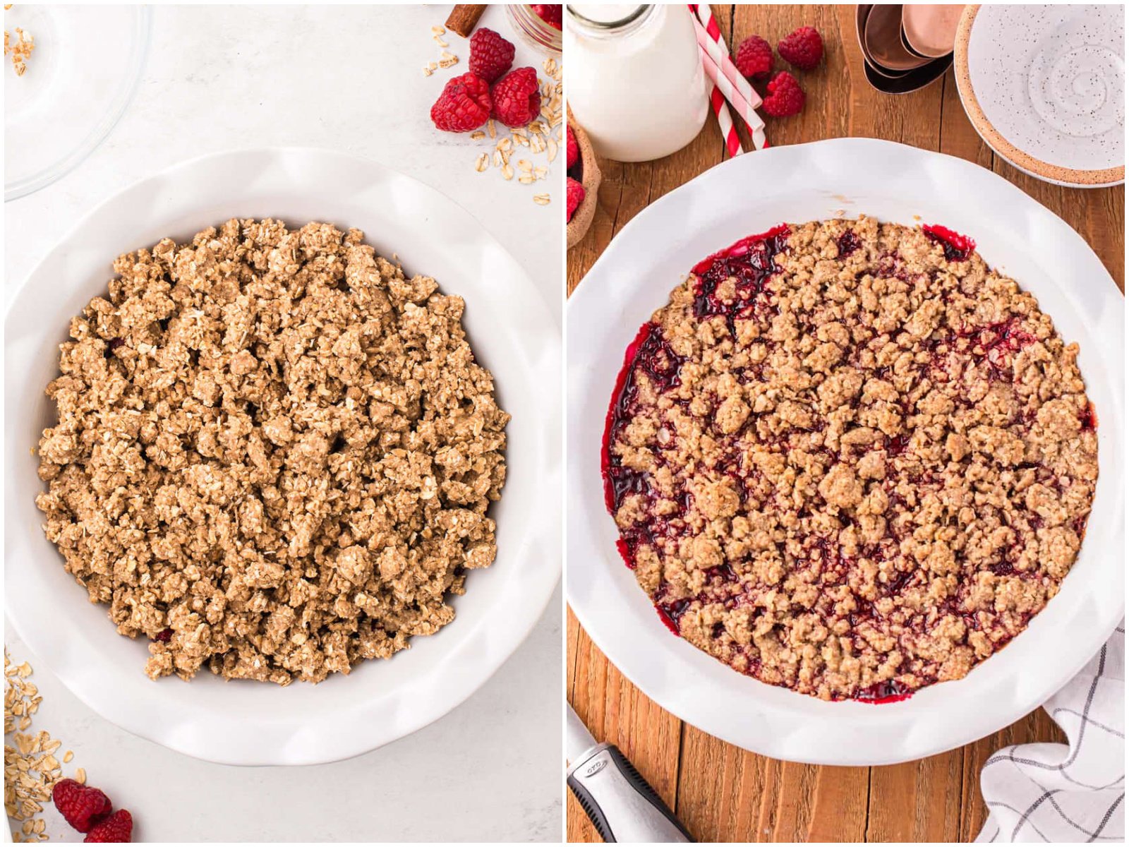 collage of two photos: crumble topping on raspberry filling in a pie dish; fully baked raspberry crumble. 